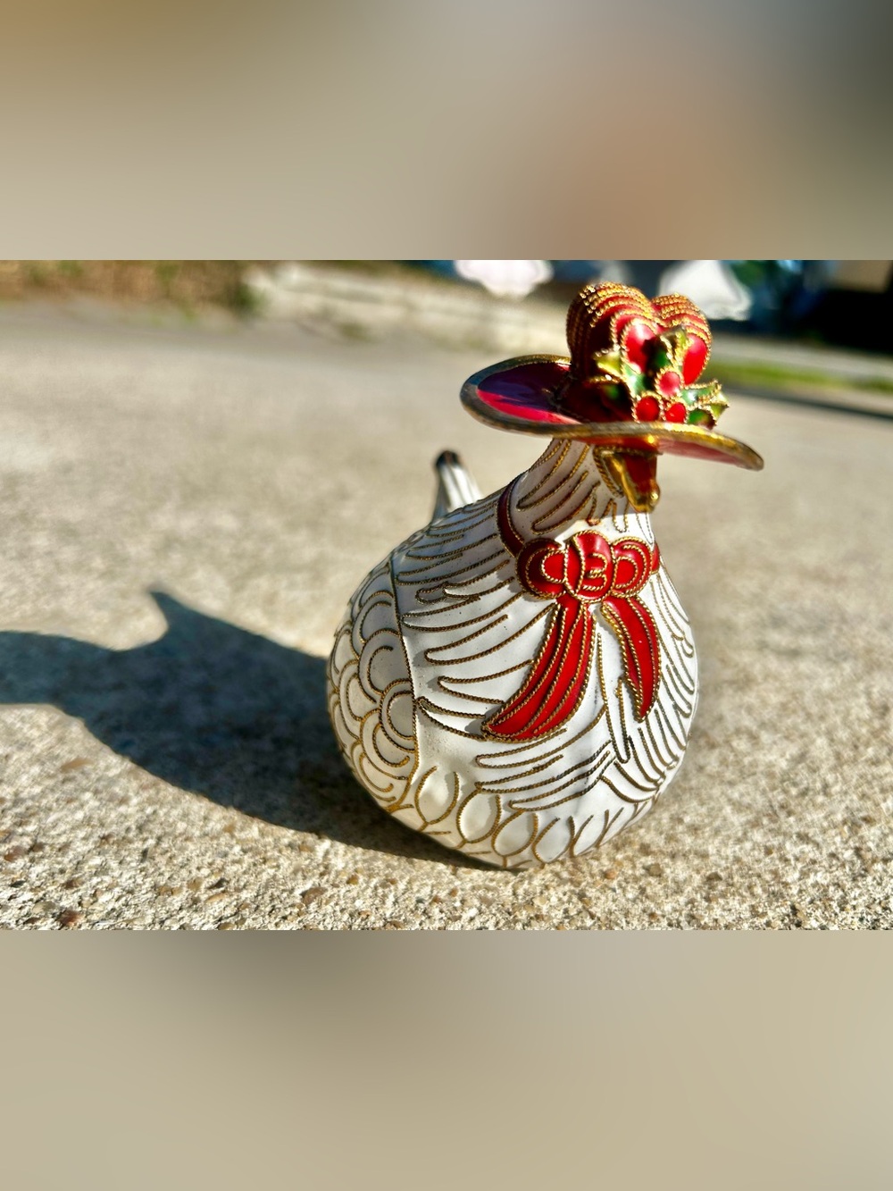 Vintage Cloisonné Enamel Bird in Red Hat (Flaw)